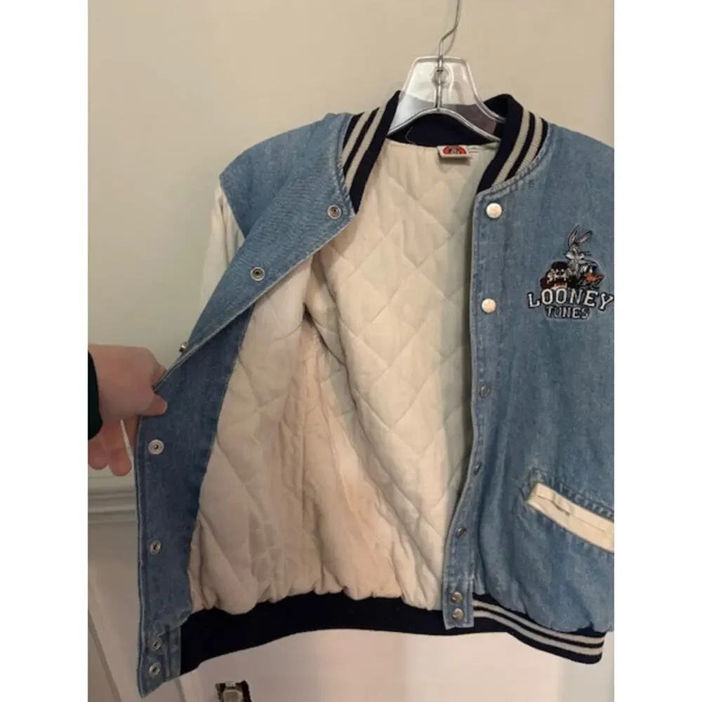 Vtg 90s Looney Tunes Warner Bros. Embroidered Denim Varsity Jacket Youth 12